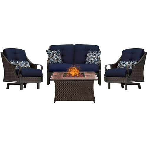 Hanover - Ventura 4pc Fire Pit Set with Wood Grain Tile Top - Brown/Navy-United Backyard
