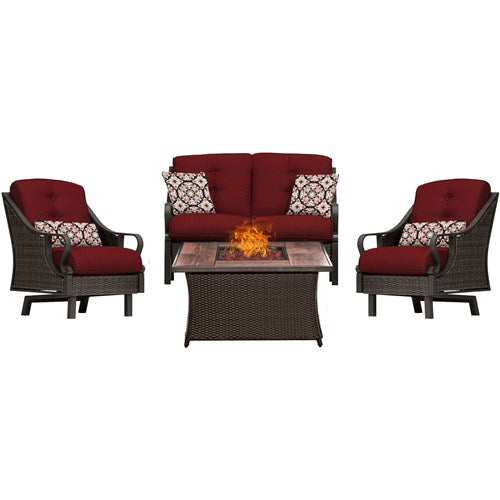 Hanover - Ventura 4pc Fire Pit Set with Wood Grain Tile Top - Brown/Red-United Backyard