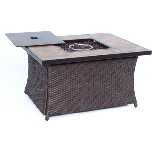 Hanover - Ventura 4pc Fire Pit Set with Wood Tan Tile Top - Brown/Red-United Backyard