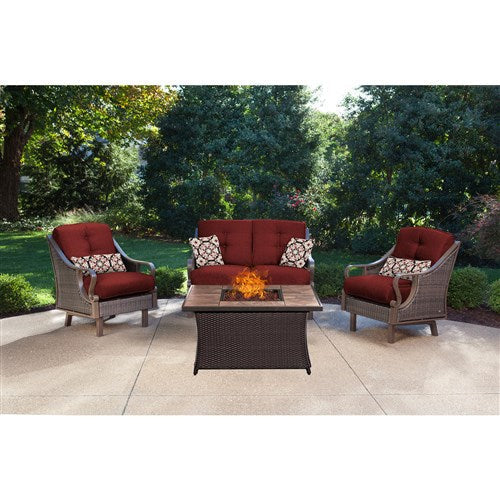 Hanover - Ventura 4pc Fire Pit Set with Wood Tan Tile Top - Brown/Red-United Backyard