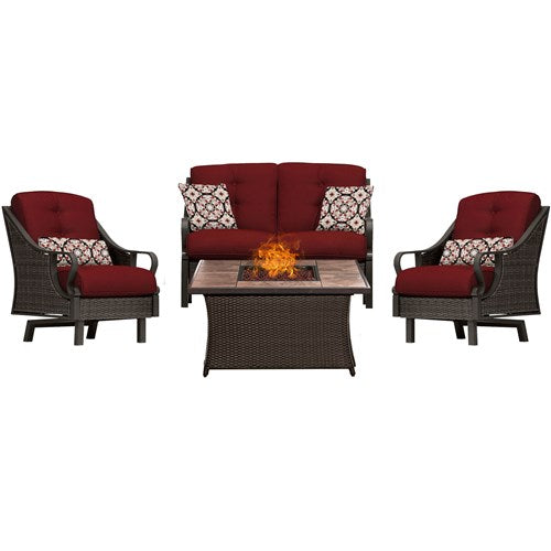 Hanover - Ventura 4pc Fire Pit Set with Wood Tan Tile Top - Brown/Red-United Backyard