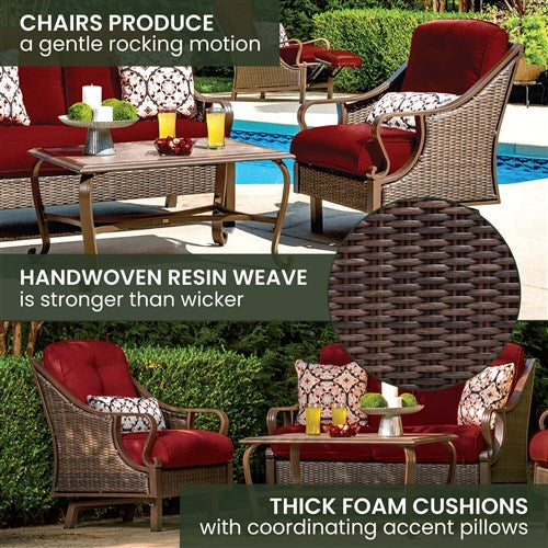 Hanover - Ventura 4pc Seating Set: Sofa, 2 glide chairs, ceramic tile coffee table - Brown/Crimson Red-United Backyard