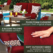 Hanover - Ventura 4pc Seating Set: Sofa, 2 glide chairs, ceramic tile coffee table - Brown/Crimson Red-United Backyard