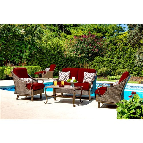 Hanover - Ventura 4pc Seating Set: Sofa, 2 glide chairs, ceramic tile coffee table - Brown/Crimson Red-United Backyard