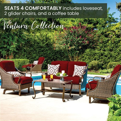 Hanover - Ventura 4pc Seating Set: Sofa, 2 glide chairs, ceramic tile coffee table - Brown/Crimson Red-United Backyard
