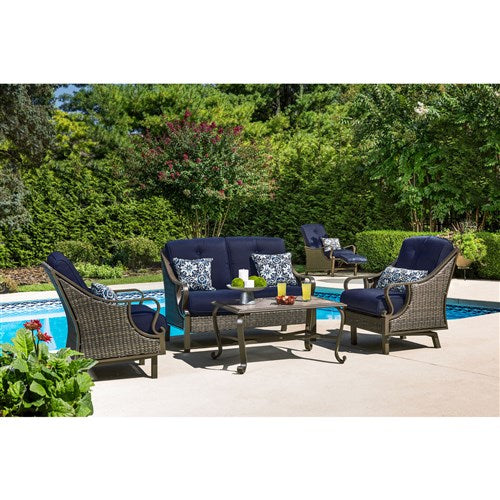 Hanover - Ventura 4pc Seating Set: Sofa, 2 glide chairs, ceramic tile coffee table - Brown/Navy-United Backyard