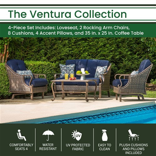 Hanover - Ventura 4pc Seating Set: Sofa, 2 glide chairs, ceramic tile coffee table - Brown/Navy-United Backyard