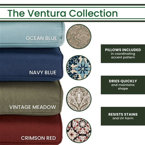 Hanover - Ventura 4pc Seating Set: Sofa, 2 glide chairs, ceramic tile coffee table - Brown/Navy-United Backyard