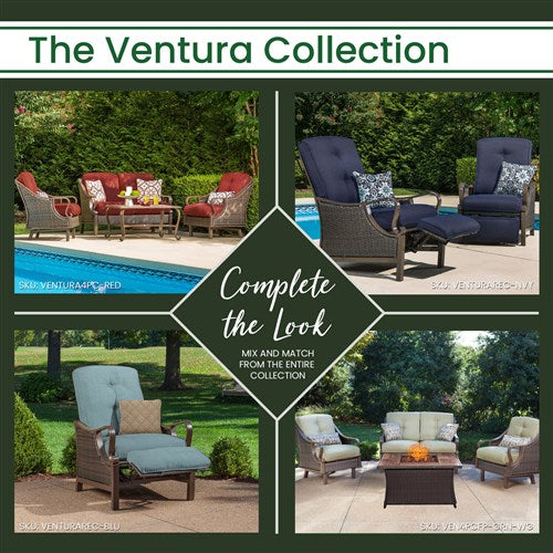 Hanover - Ventura 4pc Seating Set: Sofa, 2 glide chairs, ceramic tile coffee table - Brown/Navy-United Backyard