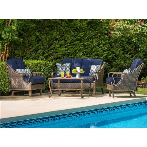 Hanover - Ventura 4pc Seating Set: Sofa, 2 glide chairs, ceramic tile coffee table - Brown/Navy-United Backyard