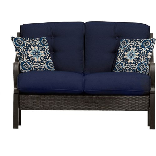 Hanover - Ventura 4pc Seating Set: Sofa, 2 glide chairs, ceramic tile coffee table - Brown/Navy-United Backyard