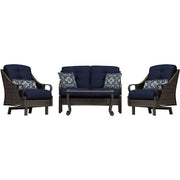 Hanover - Ventura 4pc Seating Set: Sofa, 2 glide chairs, ceramic tile coffee table - Brown/Navy-United Backyard