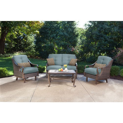 Hanover - Ventura 4pc Seating Set: Sofa, 2 glide chairs, ceramic tile coffee table - Brown/Ocean Blue-United Backyard