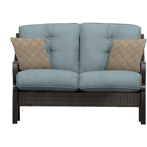 Hanover - Ventura 4pc Seating Set: Sofa, 2 glide chairs, ceramic tile coffee table - Brown/Ocean Blue-United Backyard