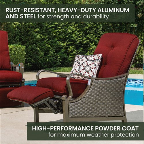 Hanover - Ventura Luxury Recliner with Pillow Accessory, All-weather, Resin Weave - Brown/Crimson Red-United Backyard