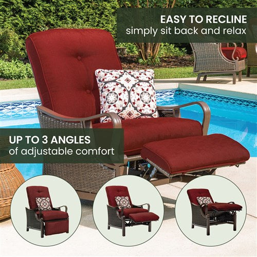 Hanover - Ventura Luxury Recliner with Pillow Accessory, All-weather, Resin Weave - Brown/Crimson Red-United Backyard