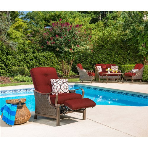 Hanover - Ventura Luxury Recliner with Pillow Accessory, All-weather, Resin Weave - Brown/Crimson Red-United Backyard