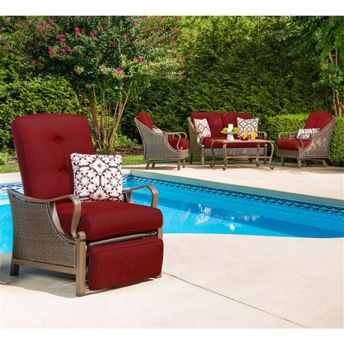 Hanover - Ventura Luxury Recliner with Pillow Accessory, All-weather, Resin Weave - Brown/Crimson Red-United Backyard