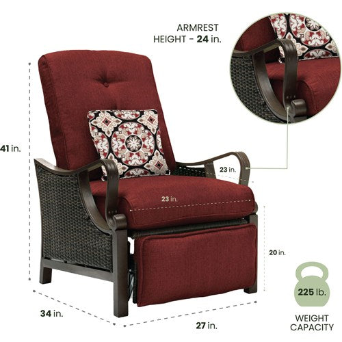 Hanover - Ventura Luxury Recliner with Pillow Accessory, All-weather, Resin Weave - Brown/Crimson Red-United Backyard