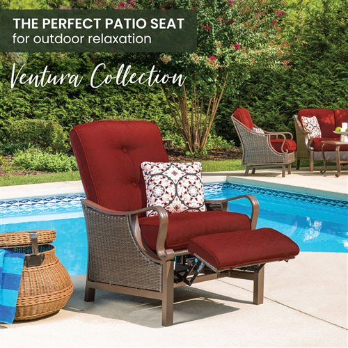 Hanover - Ventura Luxury Recliner with Pillow Accessory, All-weather, Resin Weave - Brown/Crimson Red-United Backyard