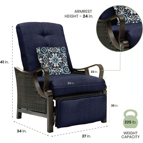 Hanover - Ventura Luxury Recliner with Pillow Accessory, All-weather, Resin Weave - Brown/Navy-United Backyard