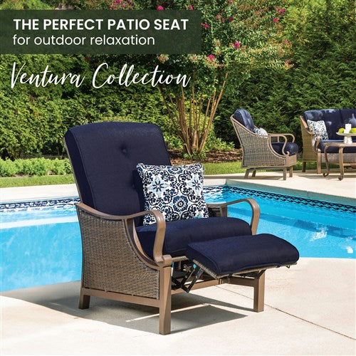 Hanover - Ventura Luxury Recliner with Pillow Accessory, All-weather, Resin Weave - Brown/Navy-United Backyard