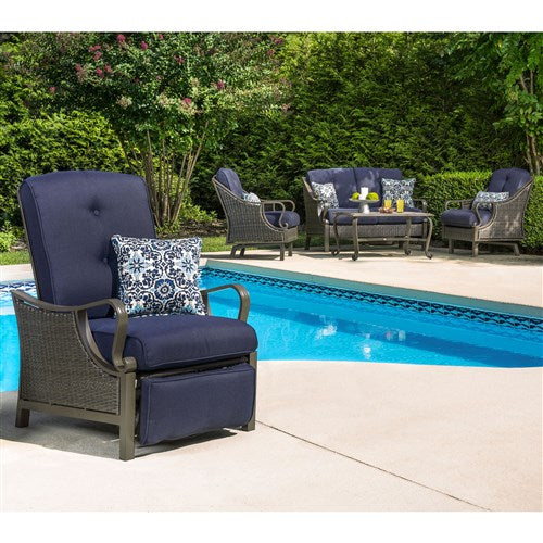 Hanover - Ventura Luxury Recliner with Pillow Accessory, All-weather, Resin Weave - Brown/Navy-United Backyard