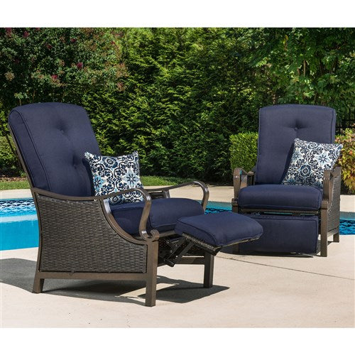 Hanover - Ventura Luxury Recliner with Pillow Accessory, All-weather, Resin Weave - Brown/Navy-United Backyard