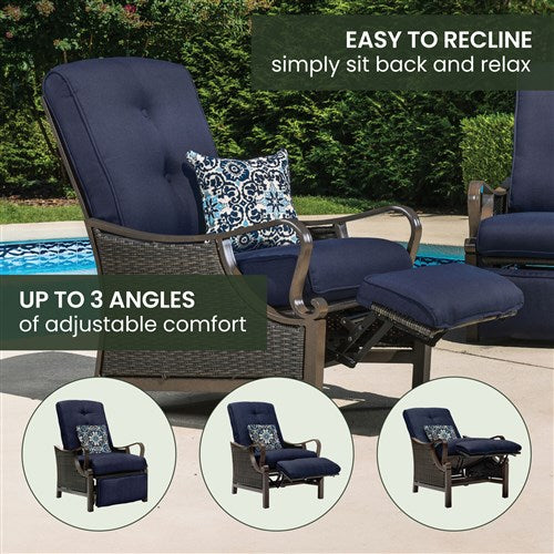 Hanover - Ventura Luxury Recliner with Pillow Accessory, All-weather, Resin Weave - Brown/Navy-United Backyard