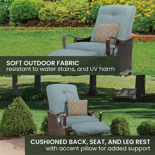 Hanover - Ventura Luxury Recliner with Pillow Accessory, All-weather, Resin Weave - Brown/Ocean Blue-United Backyard