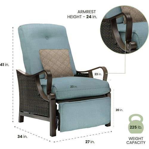 Hanover - Ventura Luxury Recliner with Pillow Accessory, All-weather, Resin Weave - Brown/Ocean Blue-United Backyard