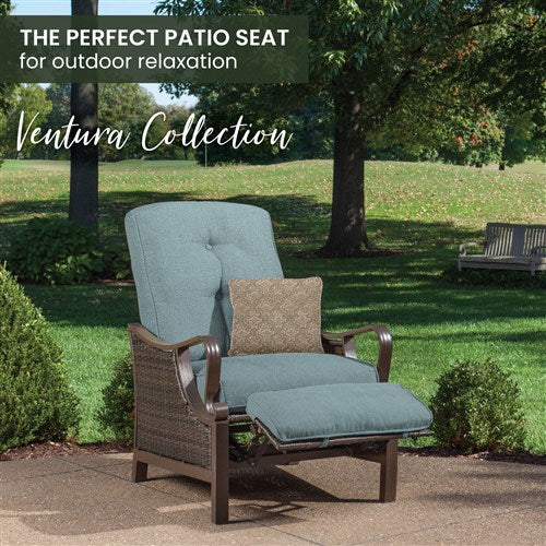 Hanover - Ventura Luxury Recliner with Pillow Accessory, All-weather, Resin Weave - Brown/Ocean Blue-United Backyard