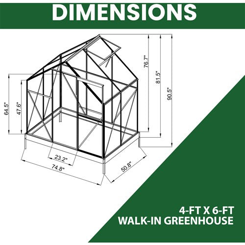 Hanover - Walk-In Greenhouse 4'x6' w/ Slide Door, Vent, Base and Opener - Natural/Silver-United Backyard