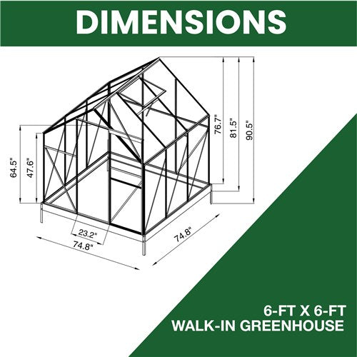 Hanover - Walk-In Greenhouse 6'x6' w/ Slide Door, Vent, Base and Opener - Aluminum/Clear-United Backyard