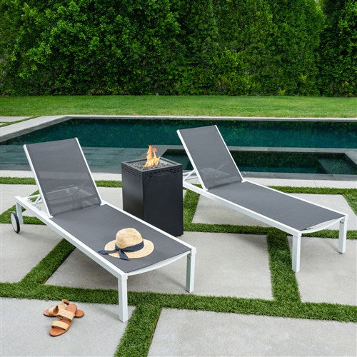 Hanover - Windham 3pc Chaise Set: 2 Chaise Lounges and Gas Fire Pit - White/Gray-United Backyard