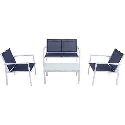 Mod Furniture - 4PC Seating Set: Sling Loveseat, 2 Sling Side Chairs, Coffee Table - White/Navy-United Backyard