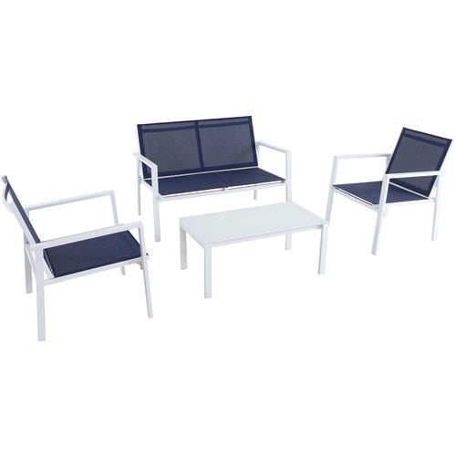 Mod Furniture - 4PC Seating Set: Sling Loveseat, 2 Sling Side Chairs, Coffee Table - White/Navy-United Backyard