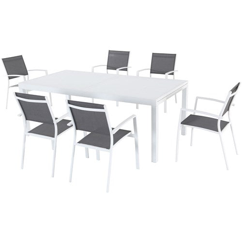 Mod Furniture - 7pc Dining Set: 6 Aluminum Chairs and 1 Extension Table - White-United Backyard