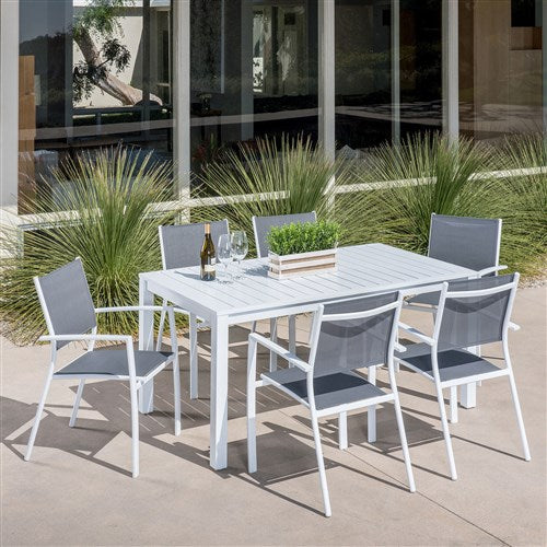 Mod Furniture - 7pc Dining Set: 6 Aluminum Chairs and 1 Slat Rectangle Table - White-United Backyard