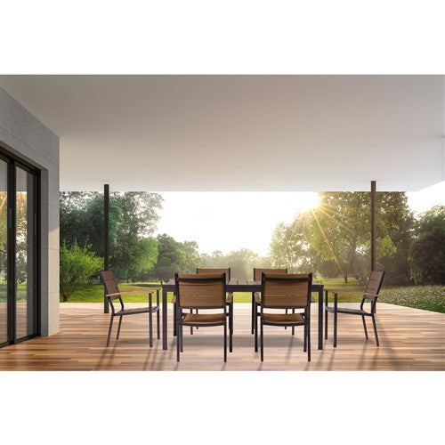 Mod Furniture - Asher7pc Dining Set: 6 Faux Wood Aluminum Chairs and 71"x40" Slat Table - Brown/Grey-United Backyard