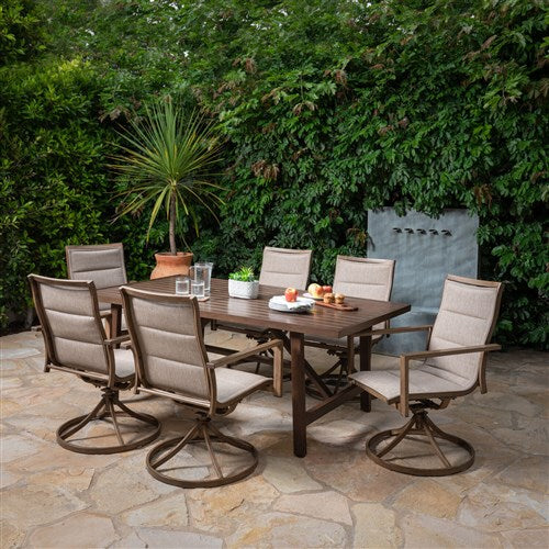 Mod Furniture - Atlas 7pc Dining Set: 6 Swivel Padded Chrs and 74"x40" Tressle Table - Tan-United Backyard