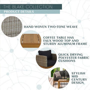 Mod Furniture - Blake 4pc Set: 2 Side Bucket Chairs, Sofa, and Faux Wood Coffee Table - Black/Faux Wood-United Backyard