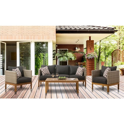 Mod Furniture - Blake 4pc Set: 2 Side Bucket Chairs, Sofa, and Faux Wood Coffee Table - Black/Faux Wood-United Backyard