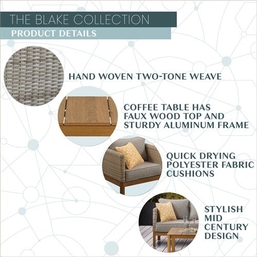 Mod Furniture - Blake 4pc Set: 2 Side Bucket Chairs, Sofa, and Faux Wood Coffee Table - Grey/Faux Wood-United Backyard