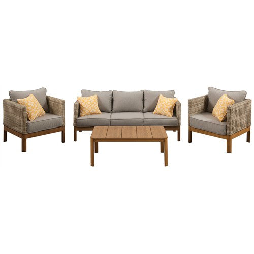 Mod Furniture - Blake 4pc Set: 2 Side Bucket Chairs, Sofa, and Faux Wood Coffee Table - Grey/Faux Wood-United Backyard