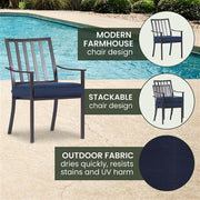 Mod Furniture - Carter 7pc Dining: 7 Slat Alum Chairs and Slat Top Table - Brown/Navy-United Backyard