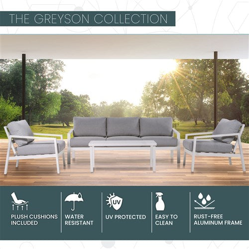 Mod Furniture - Greyson 4pc Seating Set: 2 Cushioned Side Chairs, Sofa, Slat Coffee Table - Grey/White-United Backyard