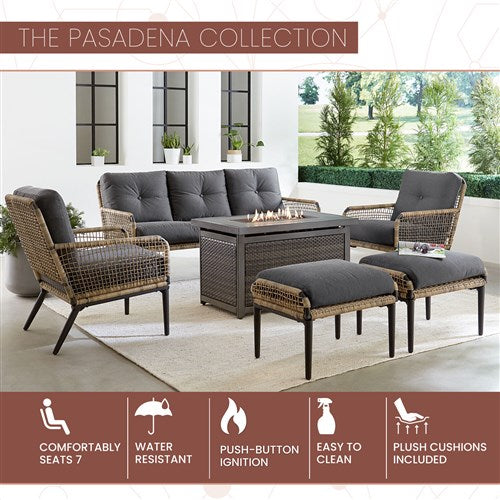 Mod Furniture - Pasadena 6pc Fire Pit Set: 2 Chairs, Sofa, 2 Ottomans, Slat Fire Pit - Grey-United Backyard