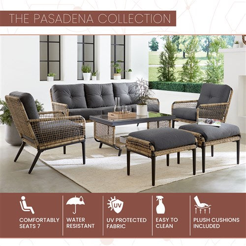 Mod Furniture - Pasadena 6pc Set: 2 Chairs, Sofa, 2 Ottomans, Glass Top Coffee Table - Tan/Charcoal-United Backyard